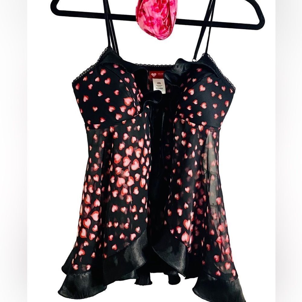 Black Lingerie W Pink Hearts OS Silky Sash Tie Ruffles Open Front Coquette